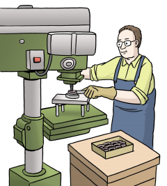 Zeichnung von einem Mann, der an einer Maschine arbeitet